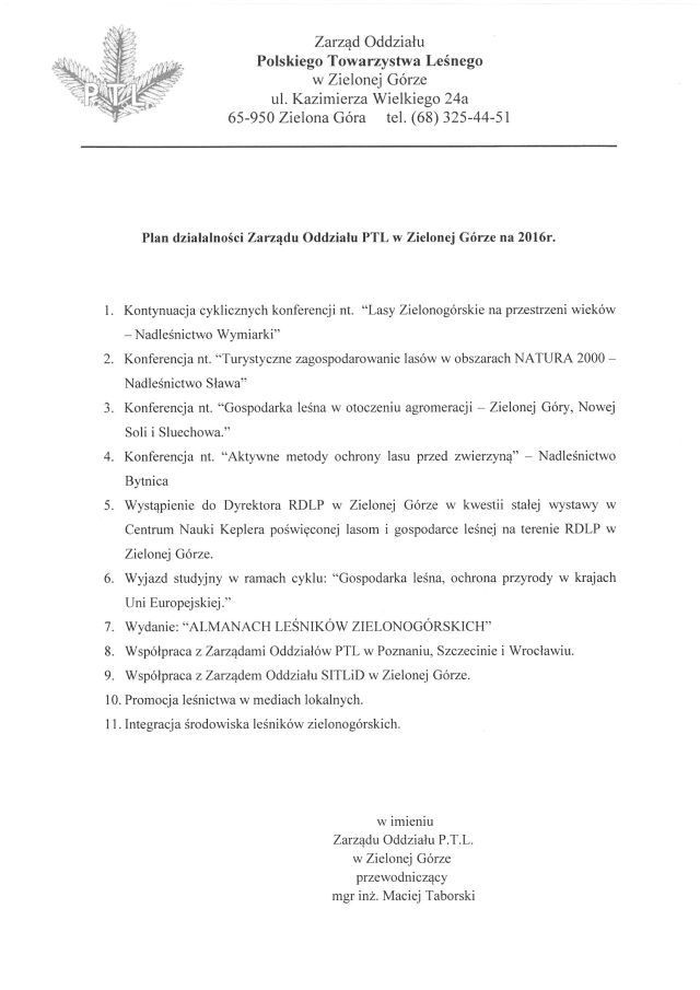 Plan działalności Zarządu Oddziału w Zielonej Górze na 2016 rok.