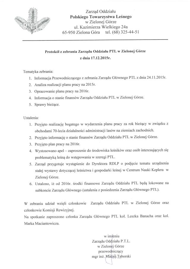 Protokół z zabrania Zarządu Oddziału PTL w Zielonej Górze z dnia 17.12.2015 roku.